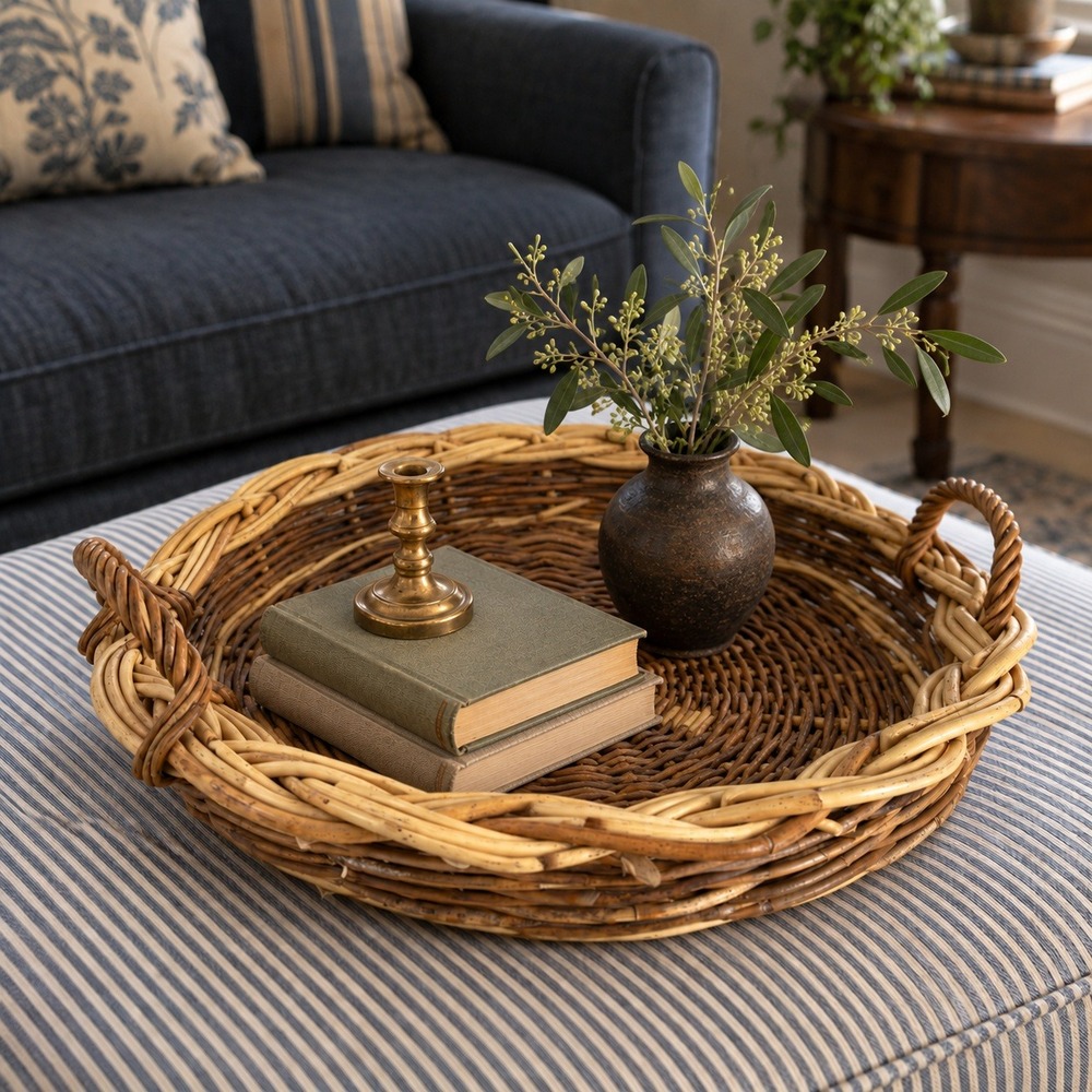 Vintage Large Round Wicker Tray Basket 18 Inch Handled Ottoman Coffee Table